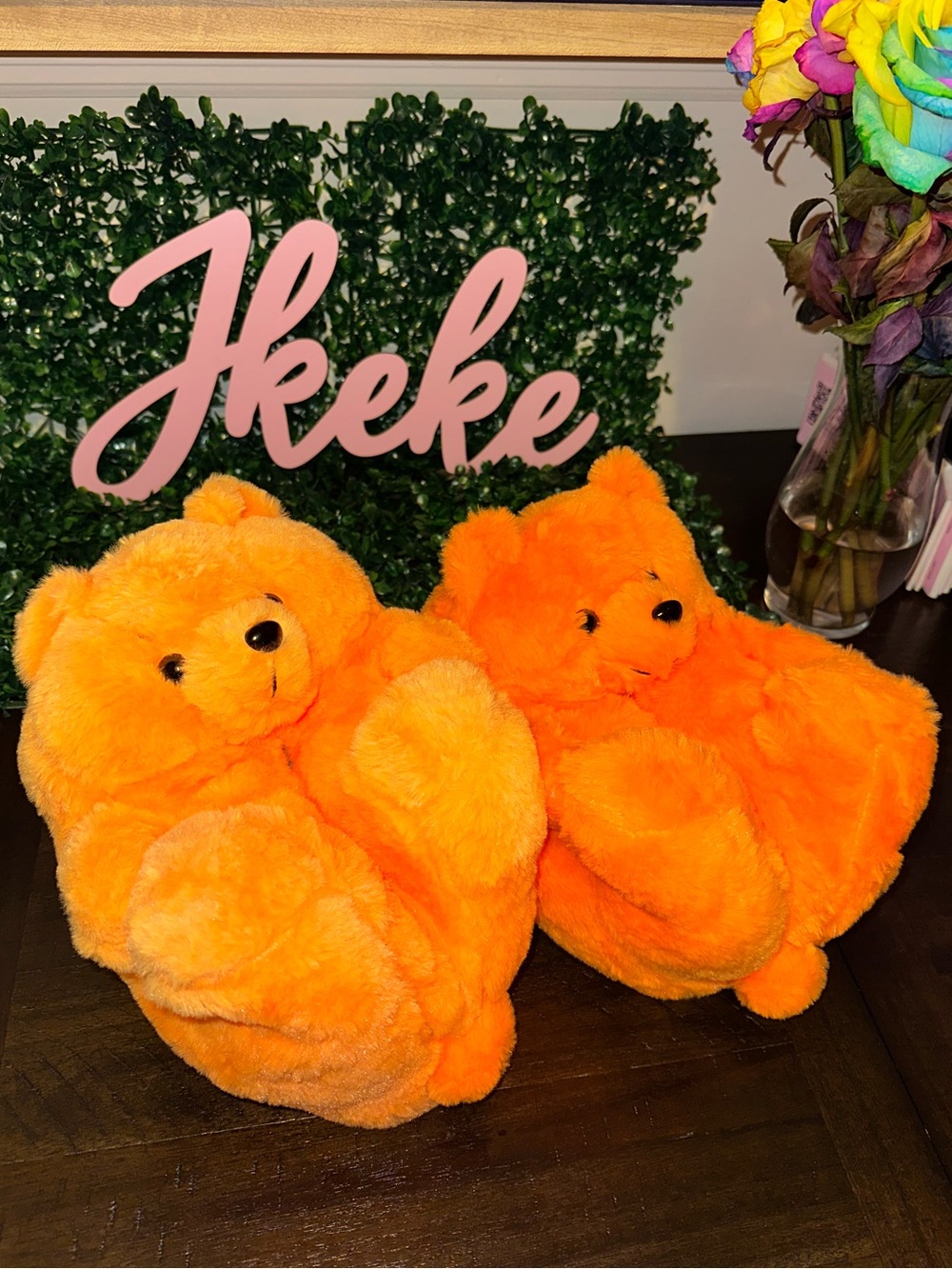 Plush Orange Bear Slippers—One Size
